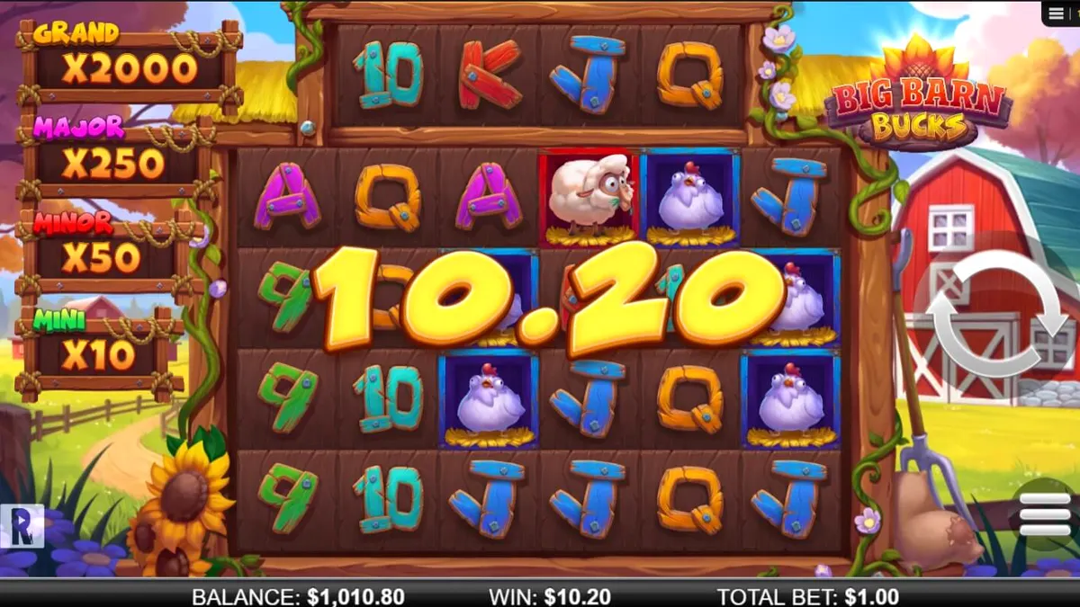 Makulay at cartoon-style na farmyard theme ng Big Barn Bucks slot