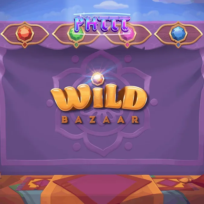 Makulay na disenyo ng Wild Bazaar slot na nagtatampok ng mga chest at Middle Eastern market theme.